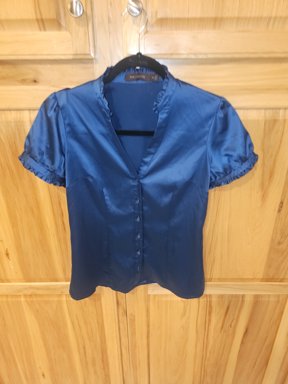 The Limited Deep Blue Satin Button-Down Puff Sleeve Blouse